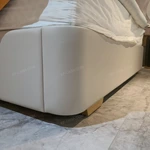 Light Beige Upholstered Bed with Vertical-Striped Headboard, Natural Wood Veneer Trim & Gold Stainless Steel Feet